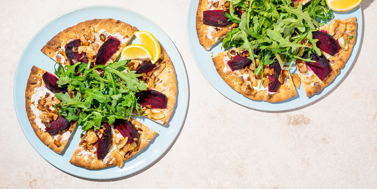 Beet & Coconut Bacon Flatbreads with Herbed Cashew Cheese
