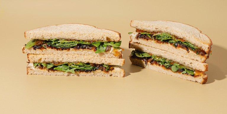 Cashew Cheese & Apricot Melts with Caramelized Onions & Arugula