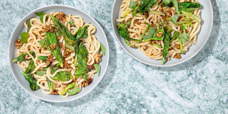 Chilled Miso Udon with Togarashi Walnuts & Gai Lan