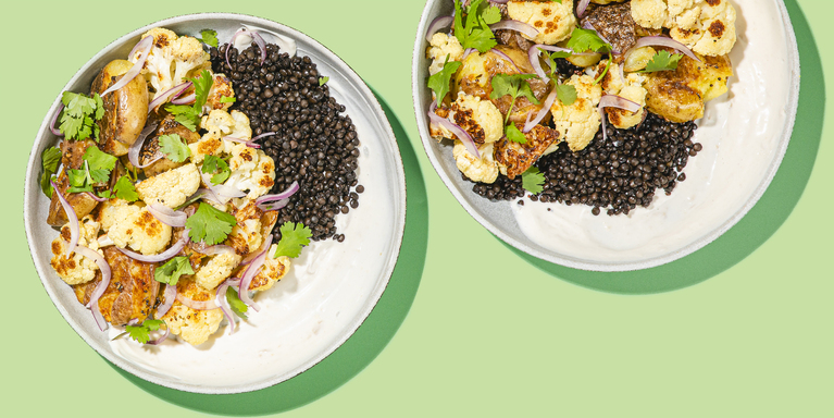 Crispy Bombay Potatoes with Cilantro Cauliflower Salad & Tahini Yogurt