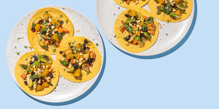 Crispy Brussels Sprout Tacos with Cherry Orange Salsa & Peanut Sauce