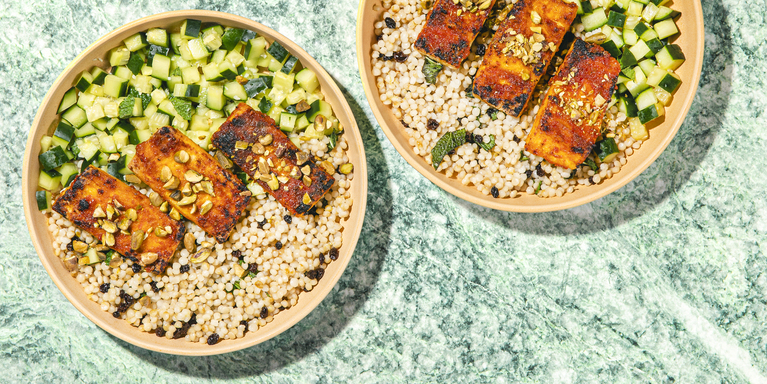 Crispy Harissa Tofu with Jeweled Couscous & Lemon-Mint Cucumbers