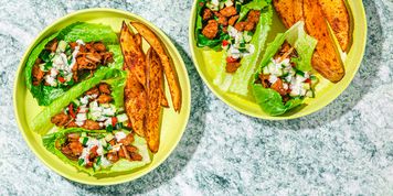 Crispy Maple Seitan Lettuce Cups with Cucumber Salad & Paprika Fries picture