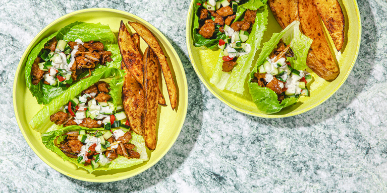 Crispy Maple Seitan Lettuce Cups with Cucumber Salad & Paprika Fries