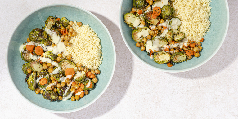 Mango Glazed Brussels And Chickpeas with Bulgur & Tahini Butter