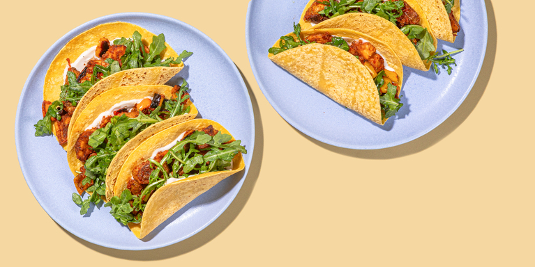 Patatas Bravas Tacos with Garlic Aioli & Arugula-Cilantro Salad