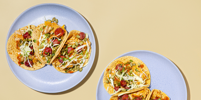 Refried Butternut Tacos with Grape Salsa & Cilantro Cabbage Slaw