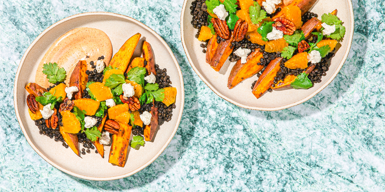 Roasted Sweet Potatoes & Beluga Lentils with Citrus Pecan Salad & Chipotle Crema