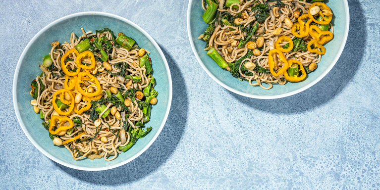 Sesame Ginger Noodles with Stir-Fried Greens & Toasted Peanuts