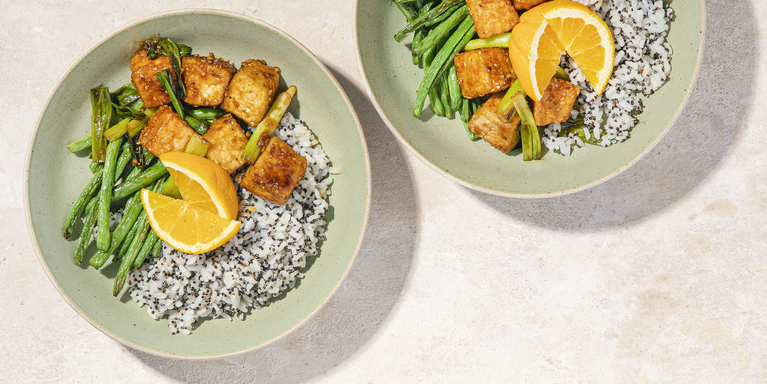Sesame Orange Tofu with Roasted Green Beans & Sticky Rice