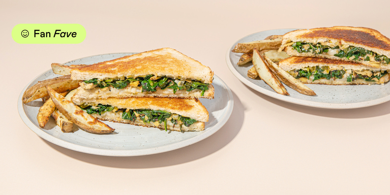 Spinach Artichoke Grilled Cheese Sandwiches with Hot Pepper Mayo & Oregano Fries